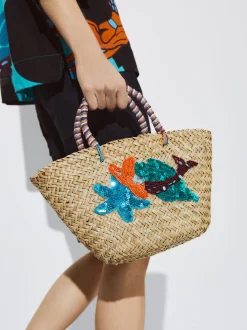 Straw Tote Bag With Beads And Sequins|Parfois Flash Sale